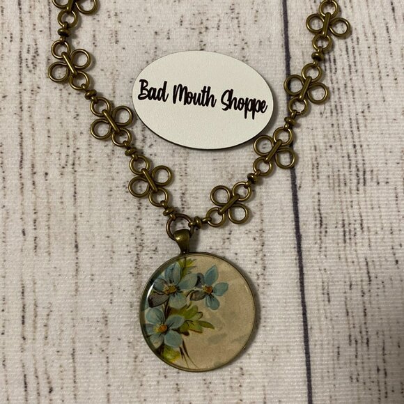 *Joey Five Cents Upcycled Ephemera Blue Floral and Brass Chain Necklace